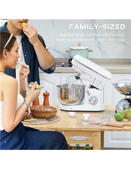 HOMCOM Stand Mixer, 5L Food Mixer for Baking, 6 Speeds and Pulse Setting, 1400W Cake Electric Kitchen Mixer with Dough Hook, Whi