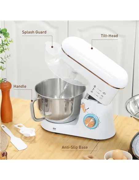 HOMCOM Stand Mixer, 5L Food Mixer for Baking, 6 Speeds and Pulse Setting, 1400W Cake Electric Kitchen Mixer with Dough Hook, Whi