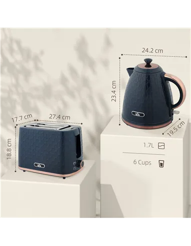 HOMCOM 1.7L 3000W Fast Boil Kettle & 2 Slice Toaster Set, Kettle and Toaster Set with Auto Shut Off, Browning Controls, Blue