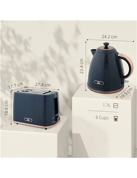 HOMCOM 1.7L 3000W Fast Boil Kettle & 2 Slice Toaster Set, Kettle and Toaster Set with Auto Shut Off, Browning Controls, Blue