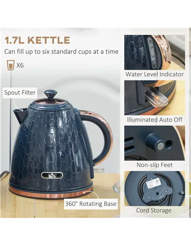 HOMCOM 1.7L 3000W Fast Boil Kettle & 2 Slice Toaster Set, Kettle and Toaster Set with Auto Shut Off, Browning Controls, Blue