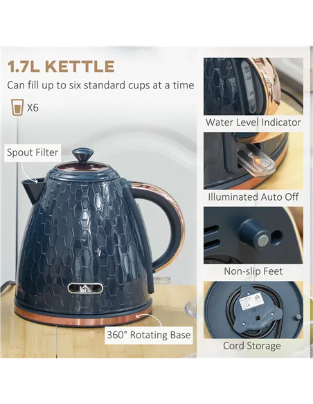 HOMCOM 1.7L 3000W Fast Boil Kettle & 2 Slice Toaster Set, Kettle and Toaster Set with Auto Shut Off, Browning Controls, Blue