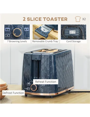 HOMCOM 1.7L 3000W Fast Boil Kettle & 2 Slice Toaster Set, Kettle and Toaster Set with Auto Shut Off, Browning Controls, Blue