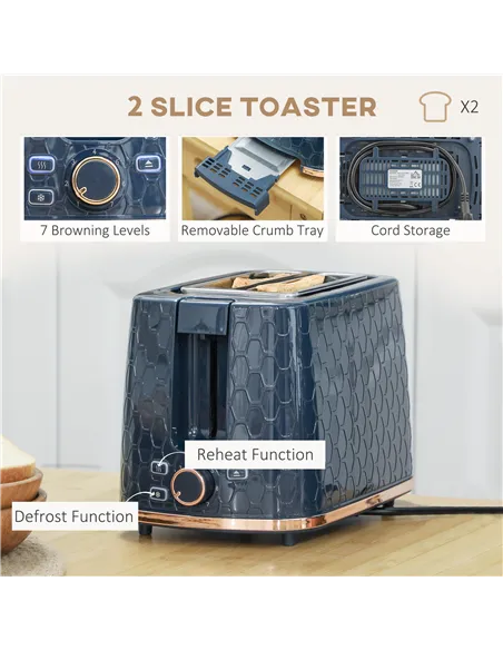 HOMCOM 1.7L 3000W Fast Boil Kettle & 2 Slice Toaster Set, Kettle and Toaster Set with Auto Shut Off, Browning Controls, Blue