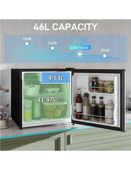 HOMCOM 46 Litre Table Top Mini Fridge, Small Fridge with Ice Box, Reversible Door, Adjustable Temperature and Legs for Bedrooms,