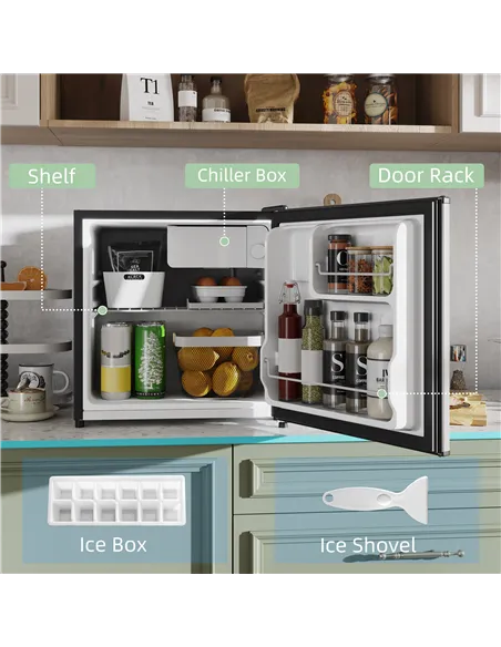 HOMCOM 46 Litre Table Top Mini Fridge, Small Fridge with Ice Box, Reversible Door, Adjustable Temperature and Legs for Bedrooms,