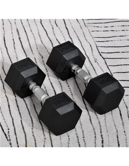 HOMCOM 2x10kg Hex Dumbbells Set Rubber Dumbbells Weight Lifting Equipment Fitness Home Gym