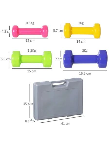 HOMCOM 10KG Dumbbells Set with Carry Case, Hand Weights for Women and Men Home Gym Weight Lifting Training, Red, Yellow, Green, 