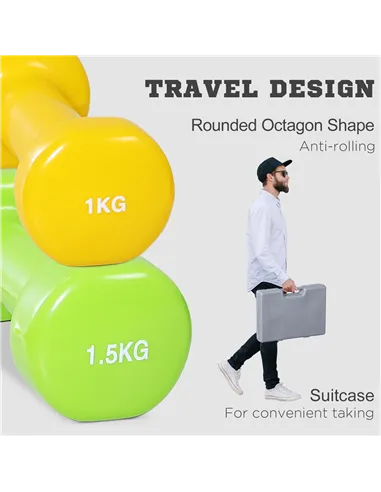 HOMCOM 10KG Dumbbells Set with Carry Case, Hand Weights for Women and Men Home Gym Weight Lifting Training, Red, Yellow, Green, 