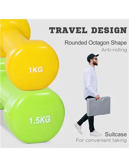 HOMCOM 10KG Dumbbells Set with Carry Case, Hand Weights for Women and Men Home Gym Weight Lifting Training, Red, Yellow, Green, 