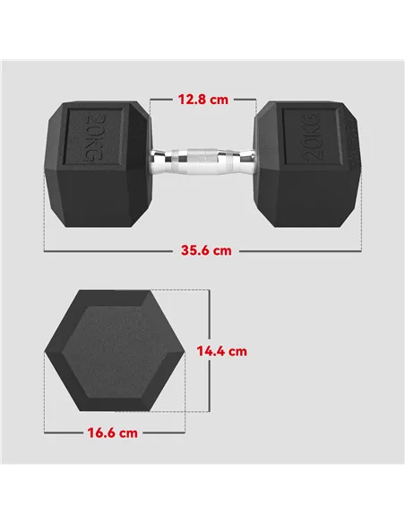 HOMCOM 20KG Single Rubber Hex Dumbbell Portable Hand Weights Dumbbell Home Gym