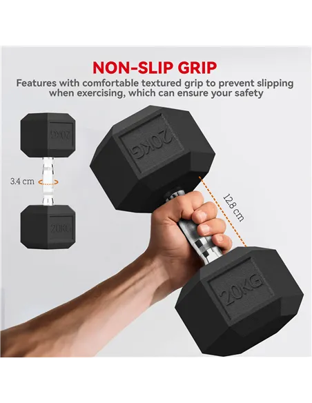 HOMCOM 20KG Single Rubber Hex Dumbbell Portable Hand Weights Dumbbell Home Gym