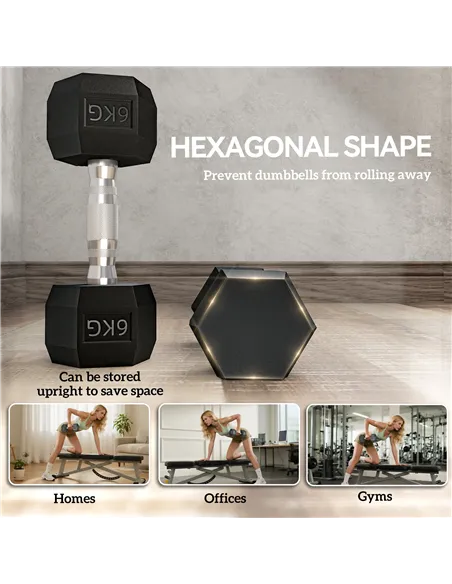 HOMCOM 2x6kg Hex Dumbbells Set Rubber Dumbbells Weight Lifting Equipment Fitness Home Gym