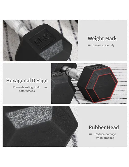 HOMCOM 2x5kg Rubber Dumbbell Sports Hex Weights Sets Gym Fitness Lifting Home