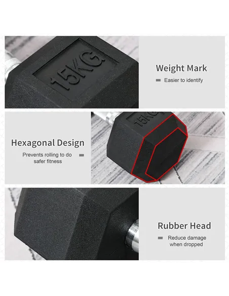 HOMCOM 15KG Single Rubber Hex Dumbbell Portable Hand Weights Dumbbell Home Gym
