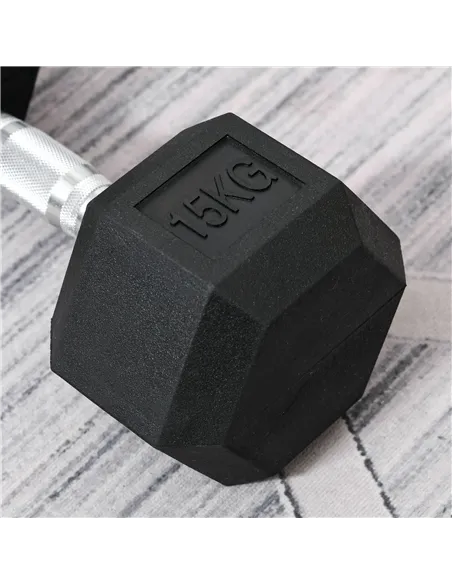HOMCOM 15KG Single Rubber Hex Dumbbell Portable Hand Weights Dumbbell Home Gym