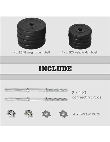 HOMCOM 20KG Adjustable Weights Dumbbells Set, Dumbbell Hand Weights for Home Office Gym Body Fitness Lifting Training, Black