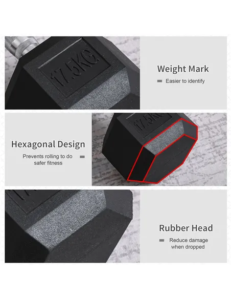 HOMCOM 2x17.5kg Rubber Hex Dumbbell Portable Hand Weights Dumbbell Home Gym Workout Fitness Hand Dumbbell