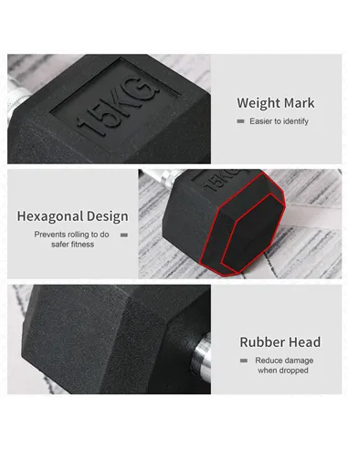 HOMCOM 2x15kg Rubber Hex Dumbbell Portable Hand Weights Dumbbell Home Gym Workout Fitness Hand Dumbbell