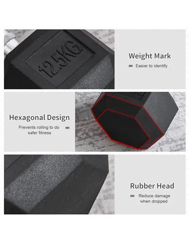 HOMCOM 2x12.5kg Rubber Hex Dumbbell Portable Hand Weights Dumbbell Home Gym Workout Fitness Hand Dumbbell
