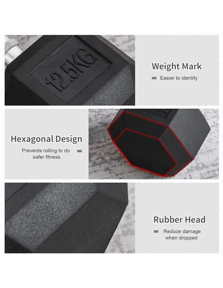 HOMCOM 2x12.5kg Rubber Hex Dumbbell Portable Hand Weights Dumbbell Home Gym Workout Fitness Hand Dumbbell