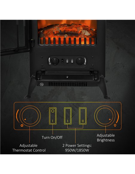 HOMCOM Freestanding Electric Fireplace Indoor Heater Glass View Log Wood Burning Effect Flame Portable Fireplace Stove 950/1850W