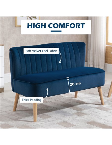 HOMCOM Modern Velvet Double Seat Sofa w/ Wood Frame Foam Padding High Back Soft Comfortable Compact Couch Blue
