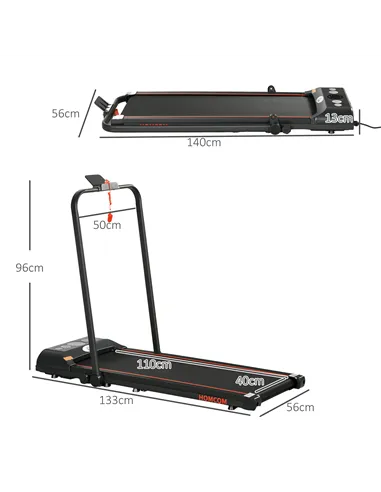 HOMCOM Foldable Walking Treadmill, with LED Display and Wheels, for Home, Office, Gym, Red