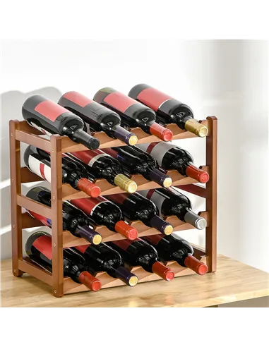 HOMCOM Free Standing Bamboo Wine Rack with 16 Bottles Holder, 4-tier Water Bottle Organiser, Display Shelf for Countertop, Home 