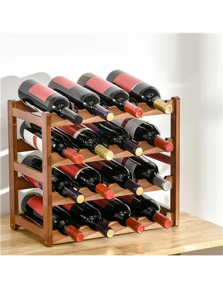 HOMCOM Free Standing Bamboo Wine Rack with 16 Bottles Holder, 4-tier Water Bottle Organiser, Display Shelf for Countertop, Home 