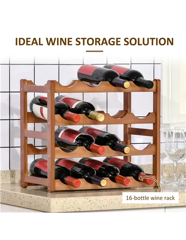 HOMCOM Free Standing Bamboo Wine Rack with 16 Bottles Holder, 4-tier Water Bottle Organiser, Display Shelf for Countertop, Home 