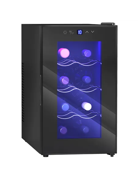 HOMCOM Mini Table Top Wine Fridge, 8 Bottle, 17L, 8-18℃, 26.5cm Quiet Under Counter Wine Cooler Fridge with Glass Door, LED Ligh
