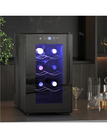 HOMCOM Mini Table Top Wine Fridge, 8 Bottle, 17L, 8-18℃, 26.5cm Quiet Under Counter Wine Cooler Fridge with Glass Door, LED Ligh