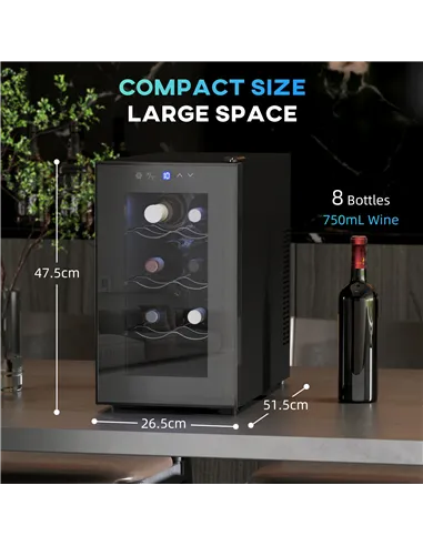 HOMCOM Mini Table Top Wine Fridge, 8 Bottle, 17L, 8-18℃, 26.5cm Quiet Under Counter Wine Cooler Fridge with Glass Door, LED Ligh