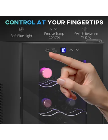 HOMCOM Mini Table Top Wine Fridge, 8 Bottle, 17L, 8-18℃, 26.5cm Quiet Under Counter Wine Cooler Fridge with Glass Door, LED Ligh