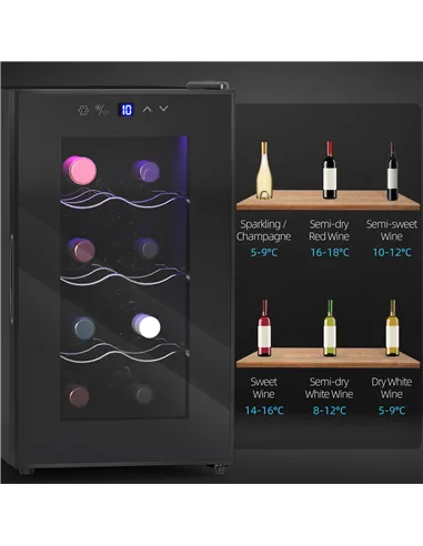 HOMCOM Mini Table Top Wine Fridge, 8 Bottle, 17L, 8-18℃, 26.5cm Quiet Under Counter Wine Cooler Fridge with Glass Door, LED Ligh