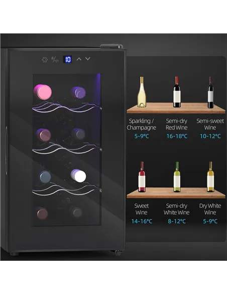 HOMCOM Mini Table Top Wine Fridge, 8 Bottle, 17L, 8-18℃, 26.5cm Quiet Under Counter Wine Cooler Fridge with Glass Door, LED Ligh