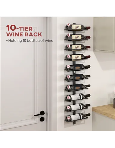 HOMCOM 10-Tier Wall Mount Wine Rack, Steel Wall Wine Rack for 10 Wine Bottles, Wall Wine Display Rack for Kitchen, Dining Room, 