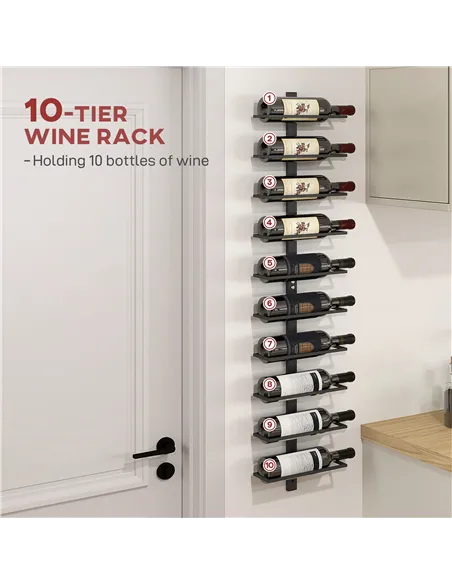 HOMCOM 10-Tier Wall Mount Wine Rack, Steel Wall Wine Rack for 10 Wine Bottles, Wall Wine Display Rack for Kitchen, Dining Room, 