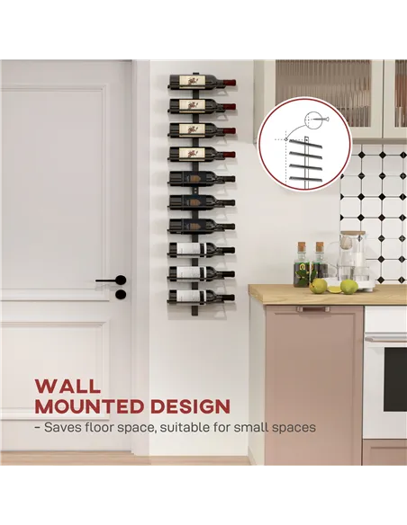 HOMCOM 10-Tier Wall Mount Wine Rack, Steel Wall Wine Rack for 10 Wine Bottles, Wall Wine Display Rack for Kitchen, Dining Room, 