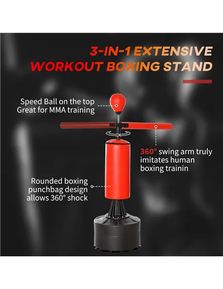 HOMCOM 155-205cm 3-IN-1 Freestanding Boxing Punching Bag Stand, Boxing Speed Trainer with Rotating Flexible Arm, Speed Ball, Fil