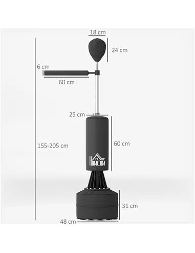 HOMCOM 155-205cm 3-IN-1 Freestanding Boxing Punching Bag Stand, Boxing Speed Trainer with Rotating Flexible Arm, Speed Ball, Fil