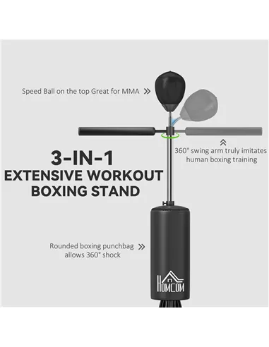 HOMCOM 155-205cm 3-IN-1 Freestanding Boxing Punching Bag Stand, Boxing Speed Trainer with Rotating Flexible Arm, Speed Ball, Fil
