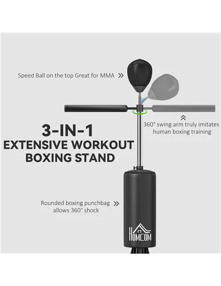 HOMCOM 155-205cm 3-IN-1 Freestanding Boxing Punching Bag Stand, Boxing Speed Trainer with Rotating Flexible Arm, Speed Ball, Fil
