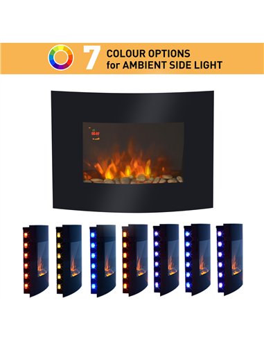 HOMCOM Led Wall Mounted Fireplace Curved Glass Electric Fire Place Fire Place 7 Colour Side Lights Slimline, 900/1800W, 65cm x 5