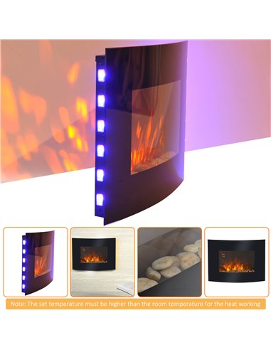 HOMCOM Led Wall Mounted Fireplace Curved Glass Electric Fire Place Fire Place 7 Colour Side Lights Slimline, 900/1800W, 65cm x 5