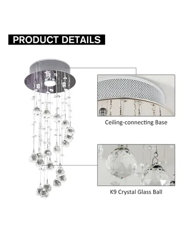 HOMCOM Metal Crystal Ceiling Light Chandelier Elegant Pendant Lamp Living Room Stairway Stairway Spiral Rain Drop Pendant Lamp S