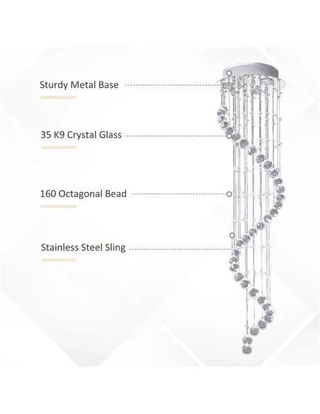 HOMCOM Modern Crystal Chandelier Ceiling Light Pendant Lamp Chrome Finish Glass Droplets New, Ф30 x 120cm