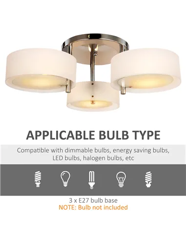 HOMCOM Acrylic Lamp Indoor 3 Light Pendant Chandelier Flush Mount Office Living Room Bedroom w/ Chrome Finish
