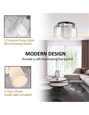 HOMCOM Modern Chandelier, Semi-Flush Mount Ceiling Light with 2 Light, E27 Bulb Base for Hallway, Dining Room, Living Room, Whit